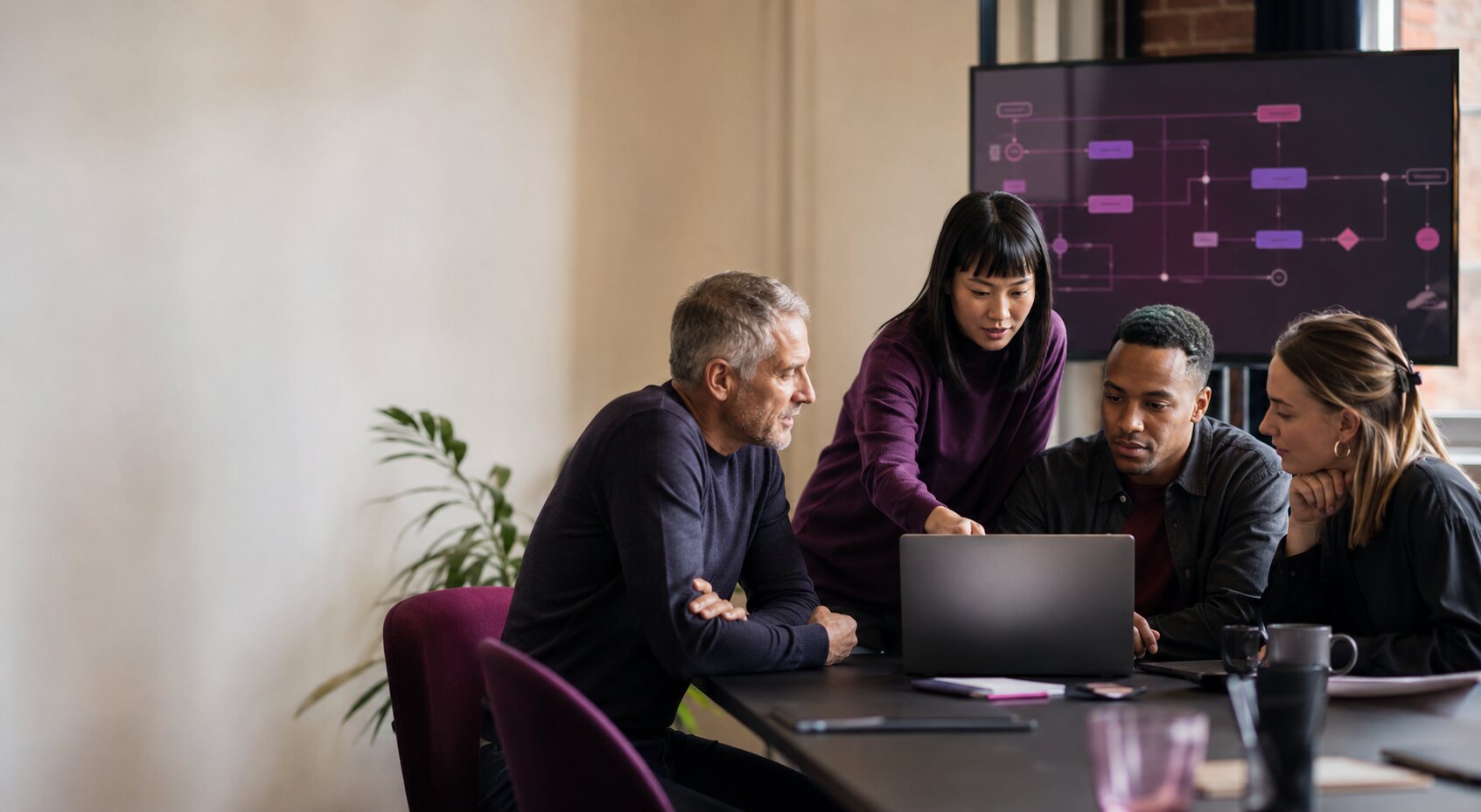 A collaborative team working together on a digital project